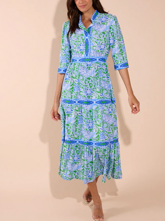 Boho Block Print Split Neck Dress