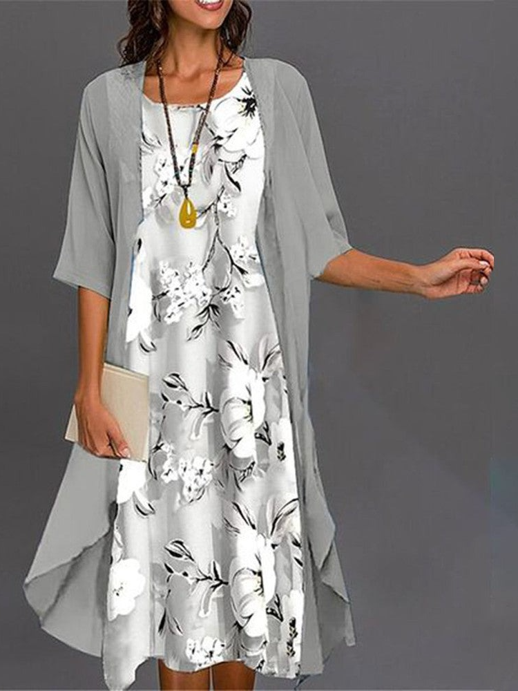 Grey Print Midi Dress With Thin Jacket Two Piece Outfits