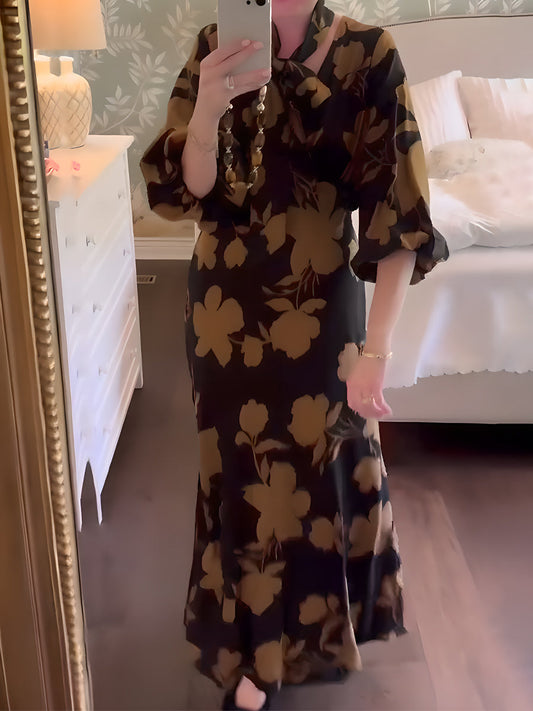 Printed Slit Hem Tie Neck Maxi Dress