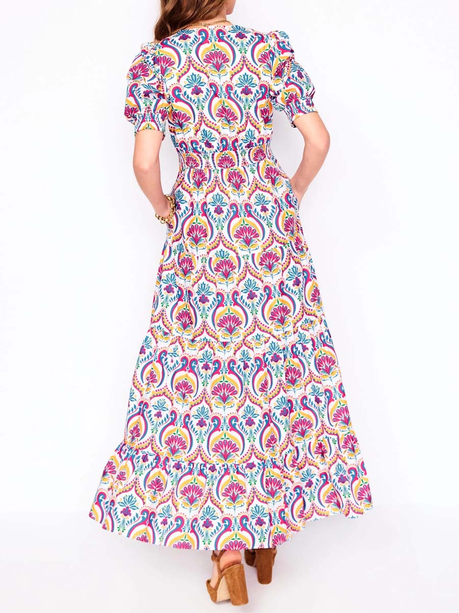 Elegant Printed V Neck Puff Sleeve Dress