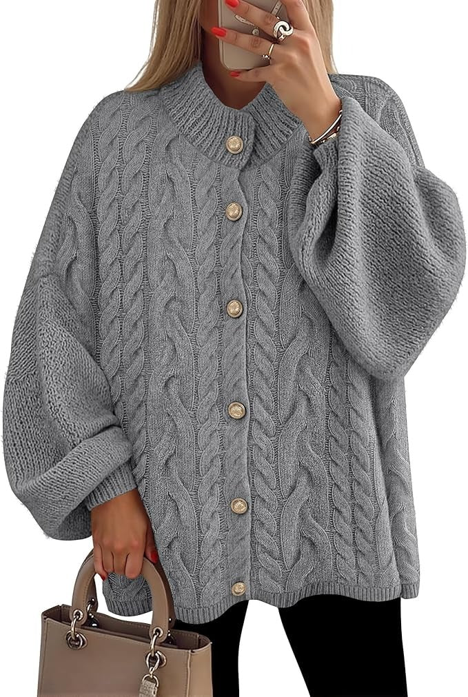 Women's Button Down Cardigan Sweaters Fall Lantern Long Sleeve Mock Neck Chunky Knit Outerwear Coat