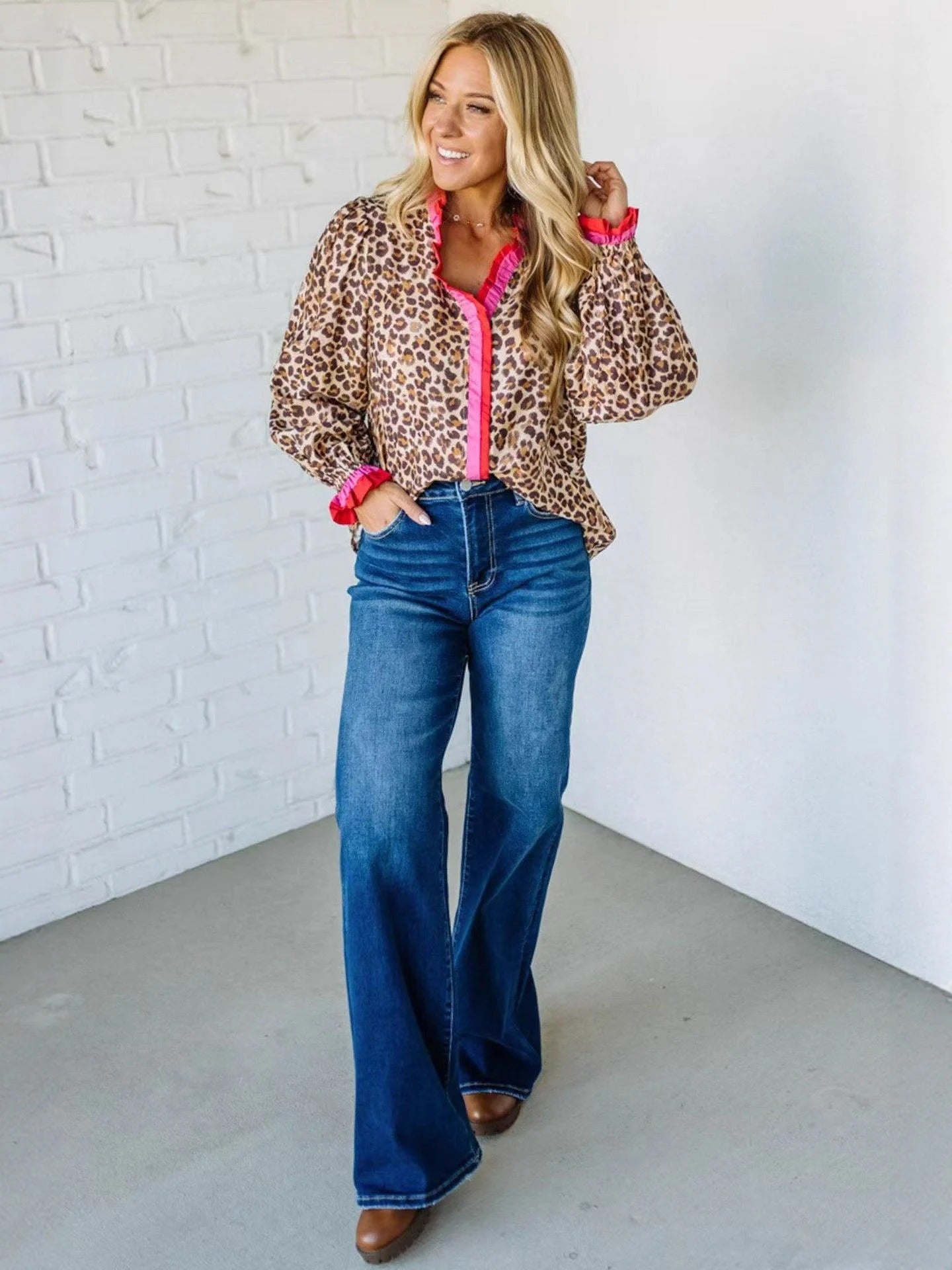 Leopard Contrast Trim Long Sleeve Top