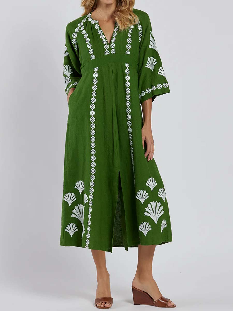 Placement Print V Neck Loose Dress