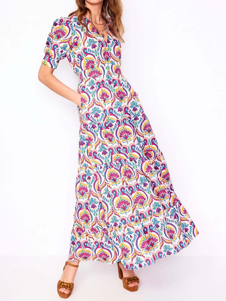 Elegant Printed V Neck Puff Sleeve Dress