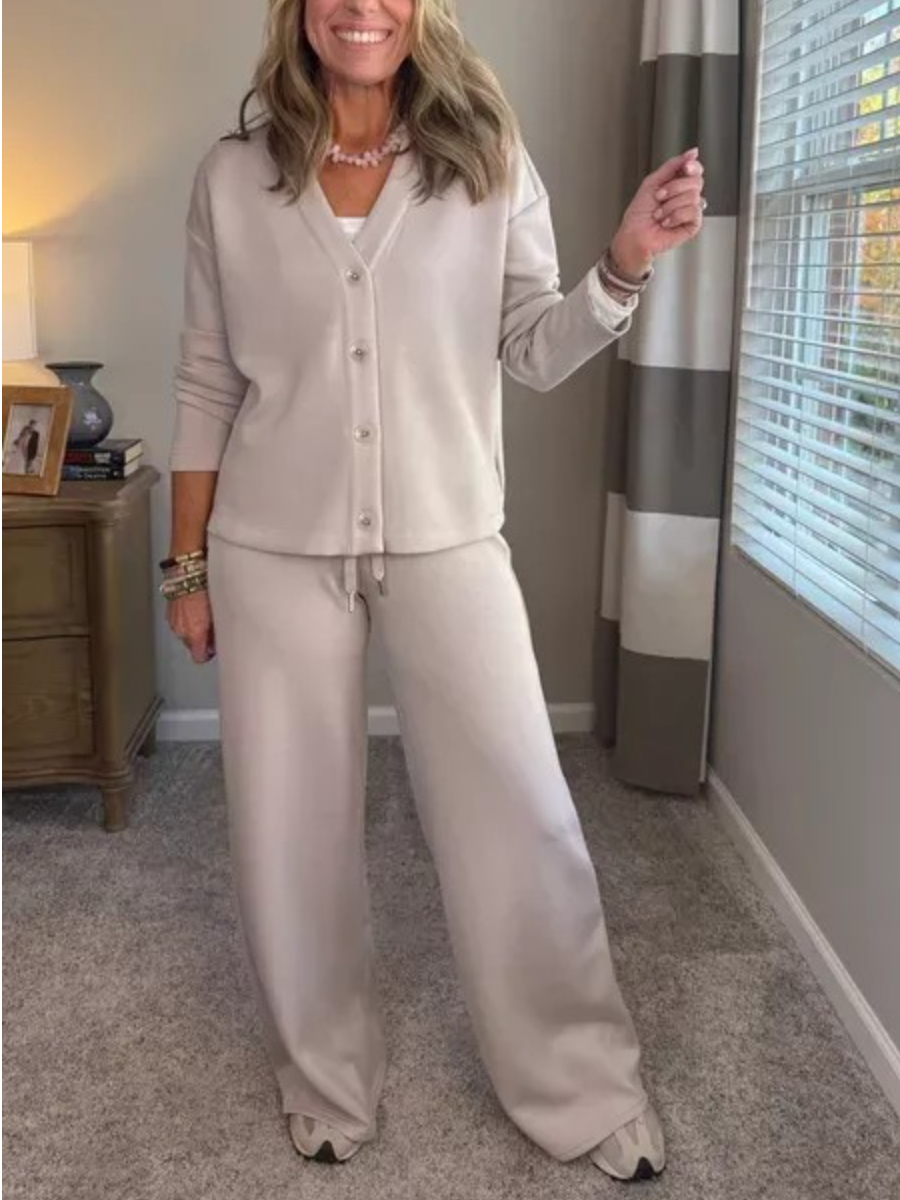 V-Neck Cardigan And Wide-Leg Pants Set