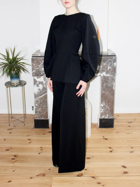 Handmade Wool Winter Suit Black Peplum Blouse & Wide-Leg Pants