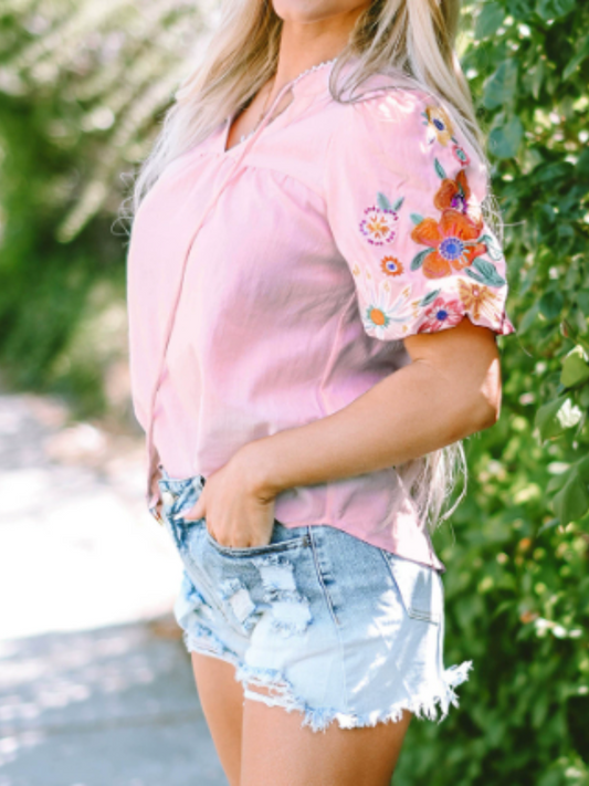 Adorable Embroidered Lantern Sleeve Top