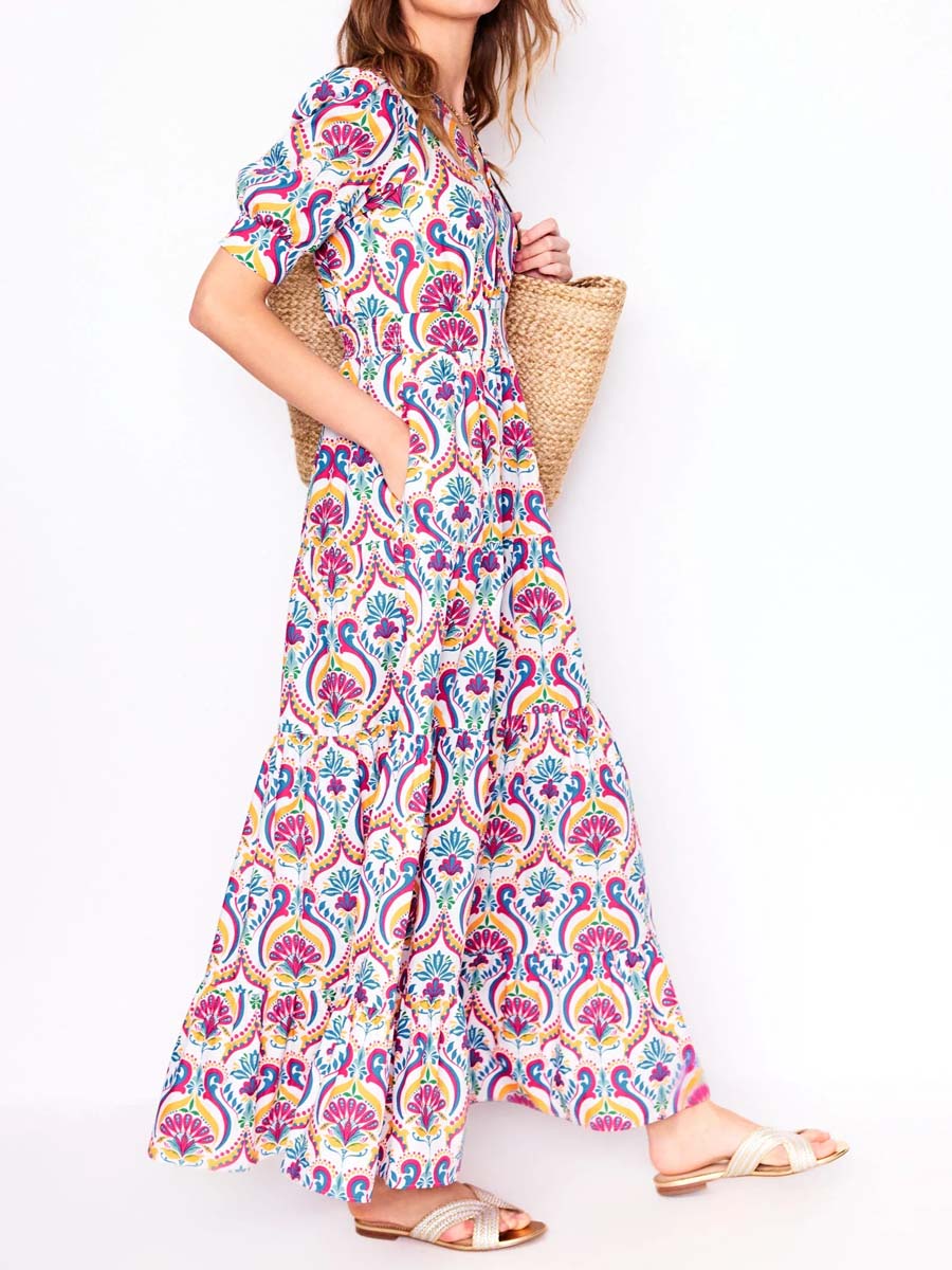 Elegant Printed V Neck Puff Sleeve Dress