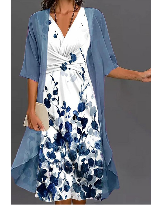 Floral Two Piece Midi Dress With Thin Jacket Two Piece Outfits