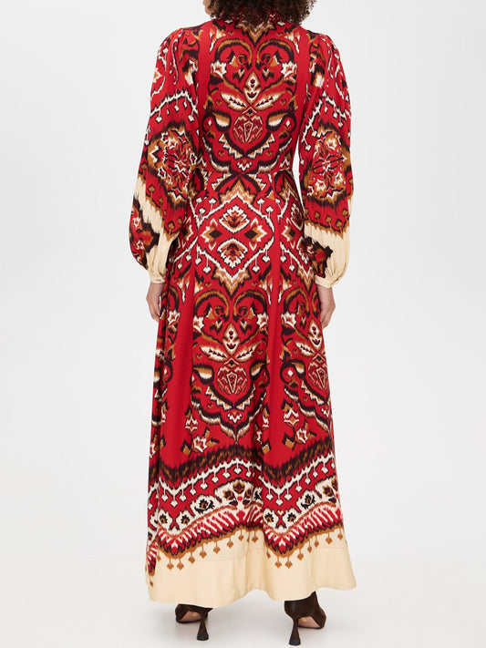 Printed Puff Sleeves V Neck Maxi Dress