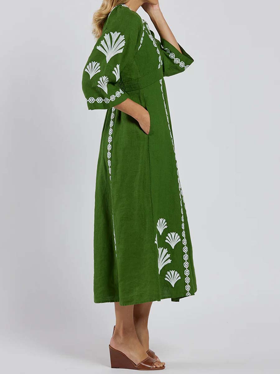 Placement Print V Neck Loose Dress