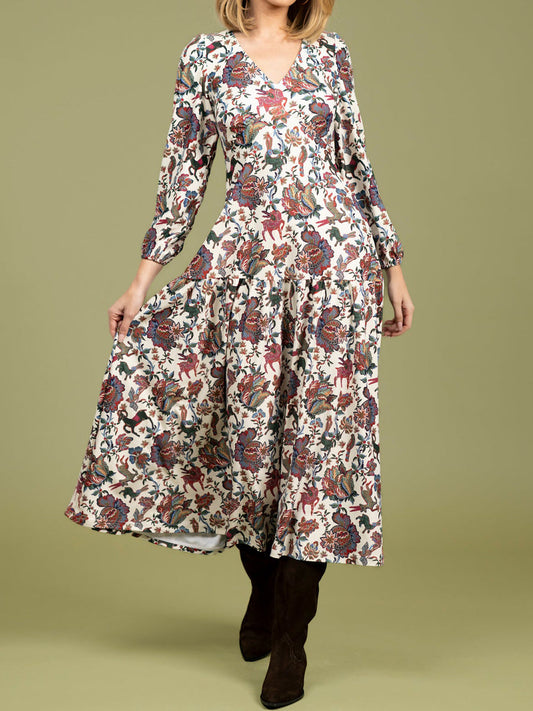 Floral Print V Neck Long Sleeve Maxi Dress