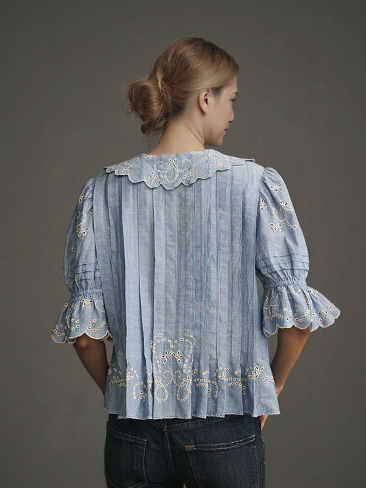Short-Sleeve Collared Pleated Blouse