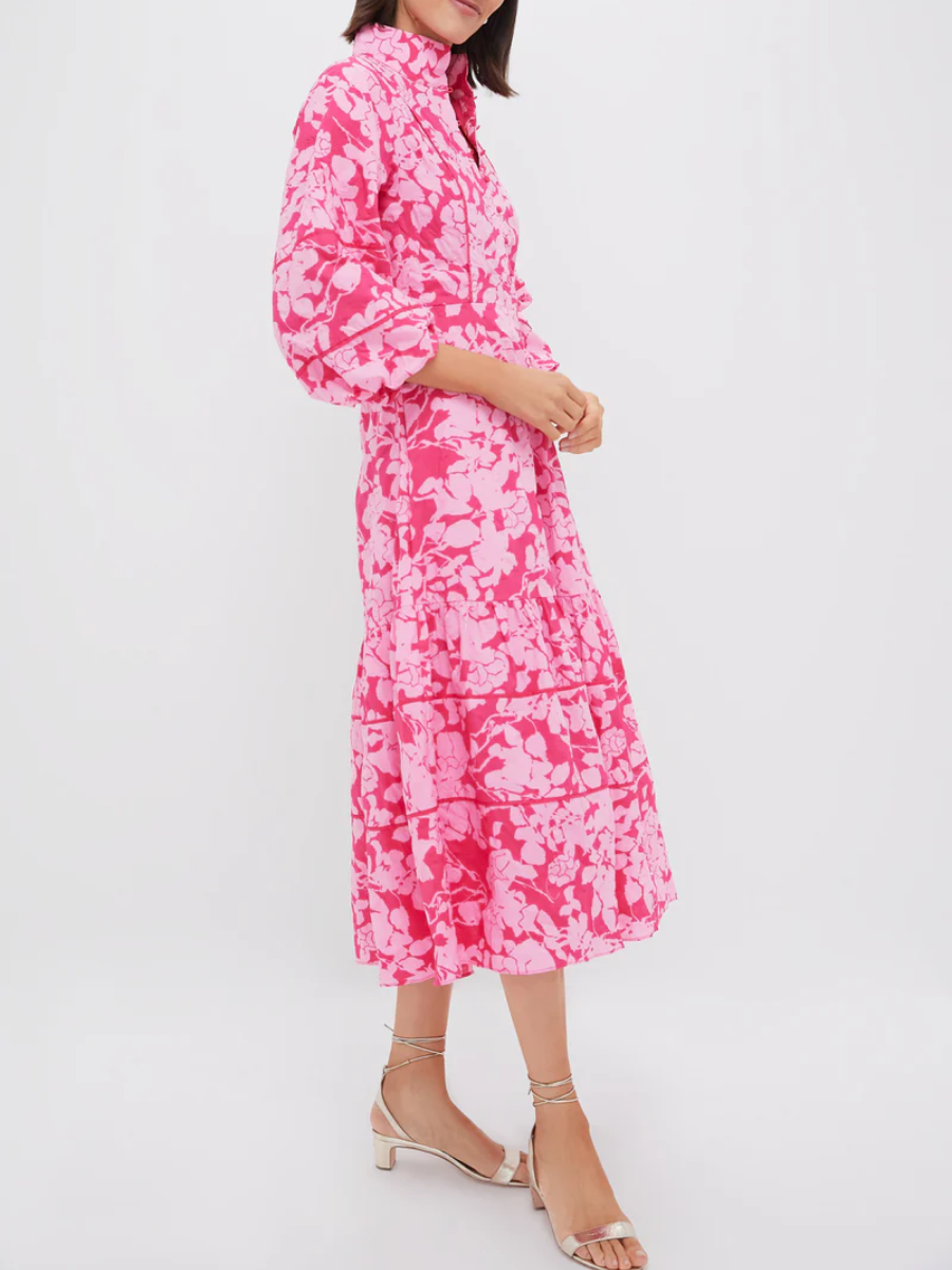 Pink Textured Floral Hillsborough Midi Dress