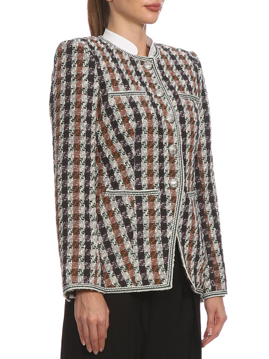 Houndstooth Tweed Blazer With Pearl Buttons