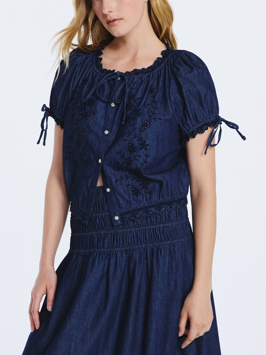 Puff Sleeve Denim Shirt And Mid-Length Dress Set