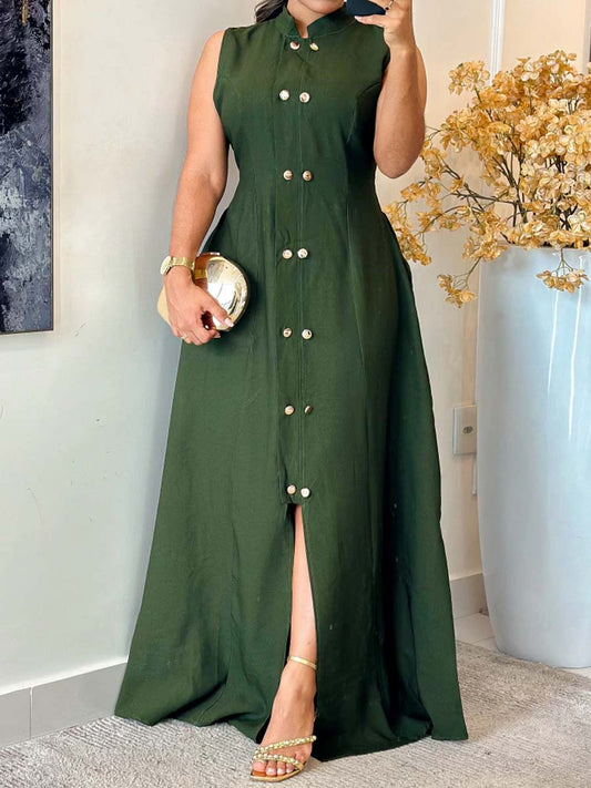 Button Up Sleeveless Elastic Waist Dress