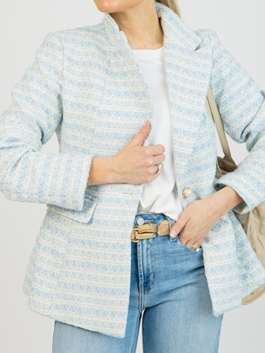 Elegant Pearl Button Woven Tweed Blazer