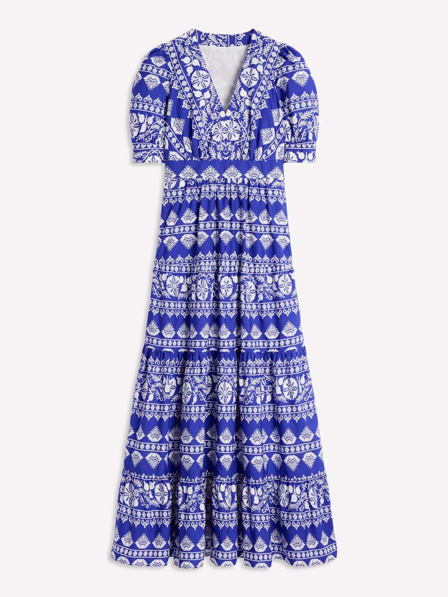 Elegant Printed V Neck Puff Sleeve Dress