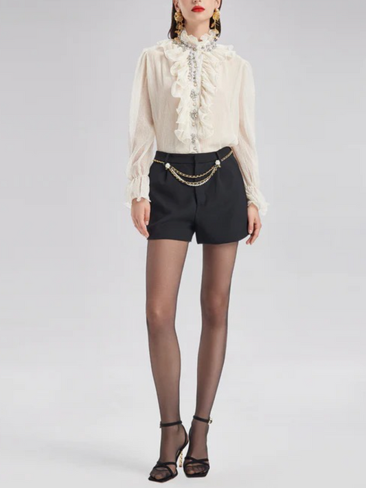 Ruffled Stand Collar Beaded Shirt