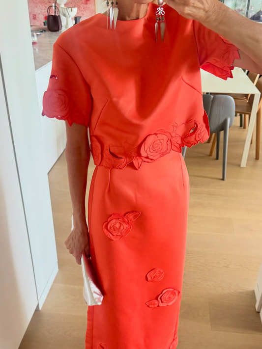 Coral Red 3D Rose Cutout Two-Piece Midi Dress Set