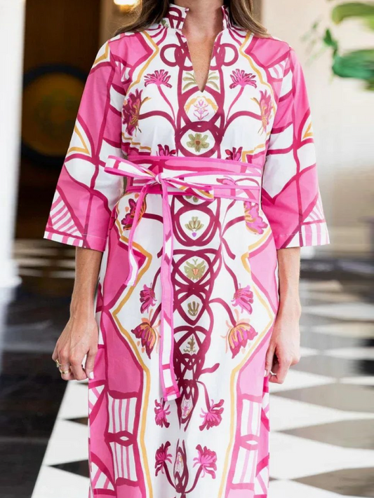 Boho Pink Print 3/4 Sleeve Maxi Caftan