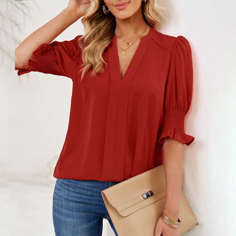 V-Neck Pleated Solid Shirt