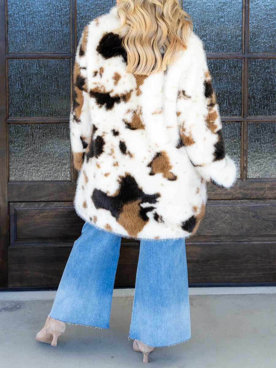 Cow Print Faux Fur Long Sleeve Coat