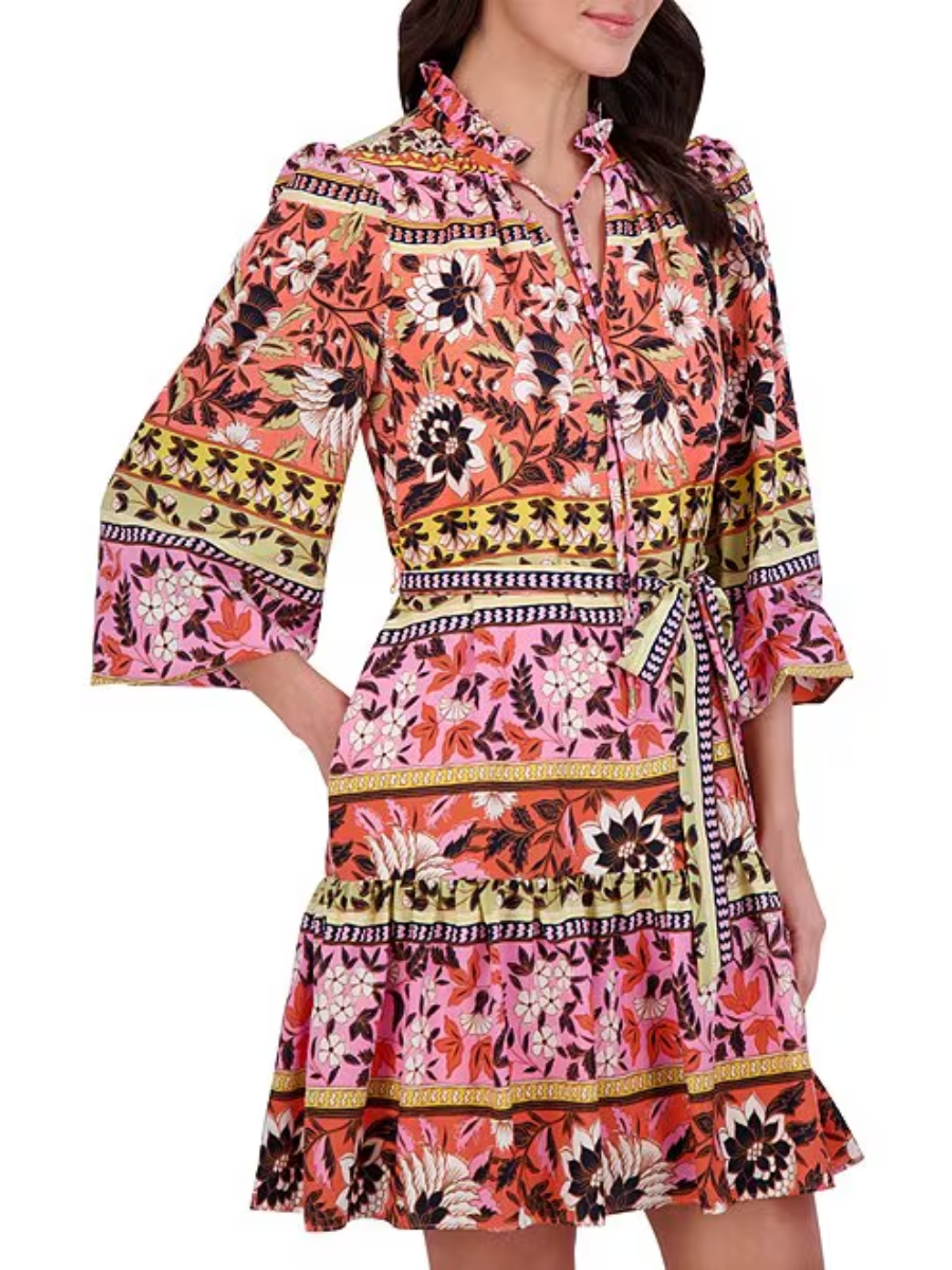 Woven Floral Print V-Neck Tie Long Sleeve Belted Tiered A-Line Dress