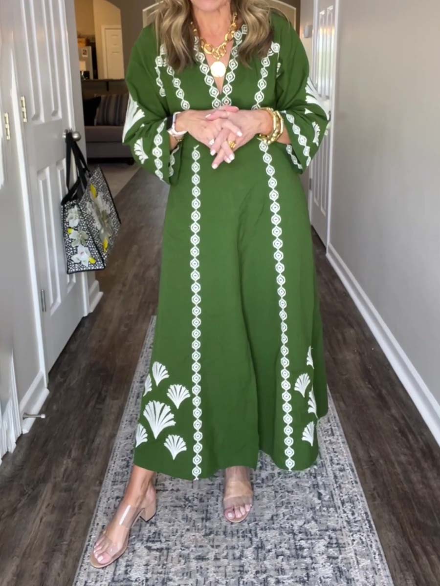 Placement Print V Neck Loose Dress