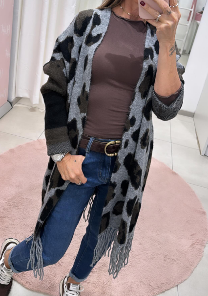 Tassel Stretchy Animal Print Cardigan