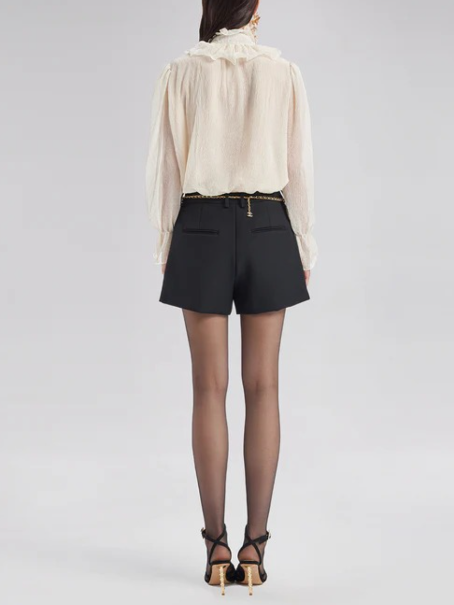 Ruffled Stand Collar Beaded Shirt