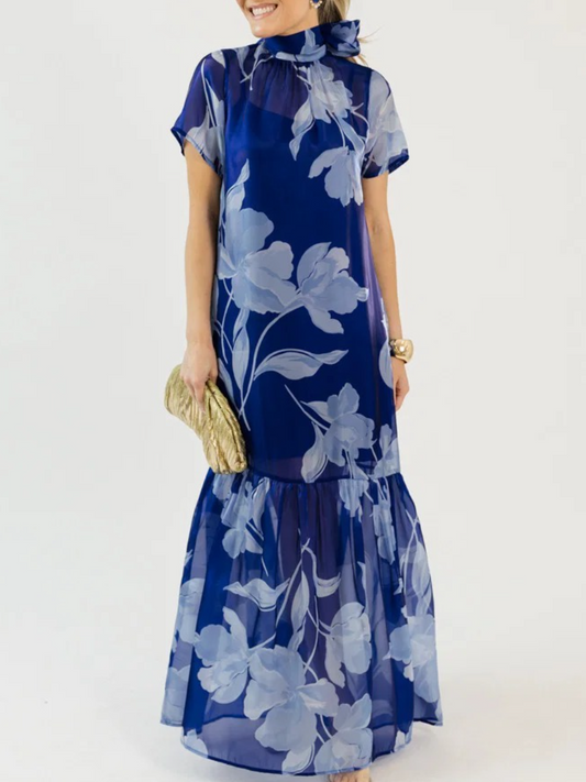 Organza Mockneck Navy Maxi Dress