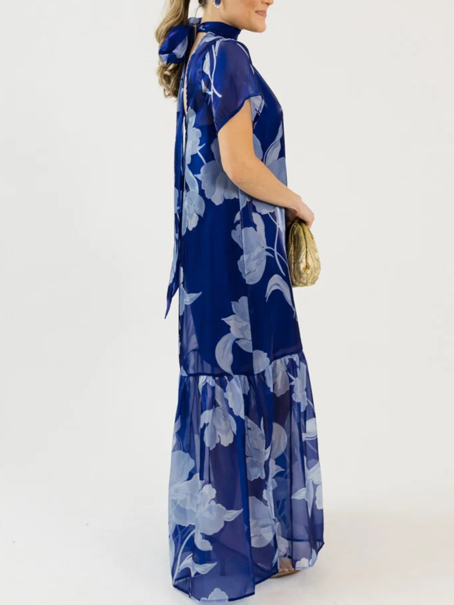 Organza Mockneck Navy Maxi Dress
