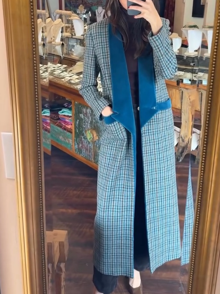 Blue Houndstooth Coat With Teal Velvet Lapels