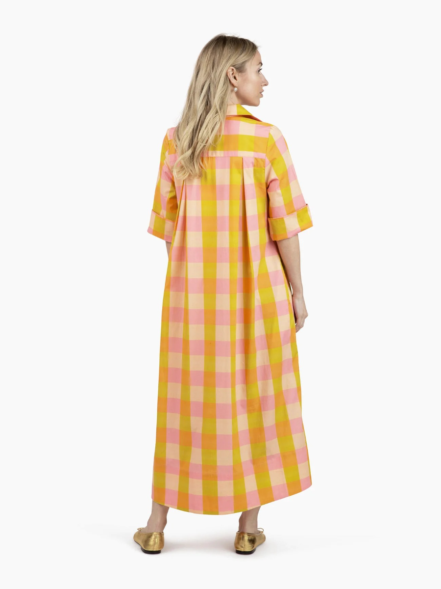 Oversized Check Print Roll Sleeve Shirt Dress