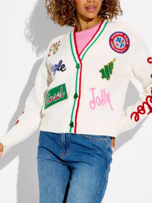 V-Neck Shoulder Long-Sleeve Holiday Print Cardigan