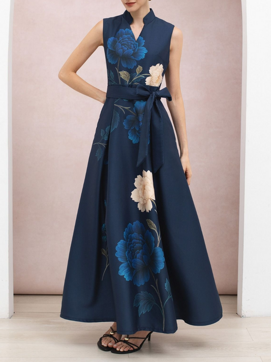 Regal Peony Print Tie-Waist Sleeveless Maxi Dress