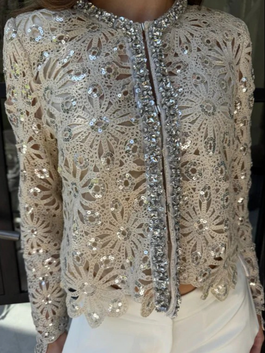 Rhinestone And Sequin Adorned Crochet Lace Cardigan