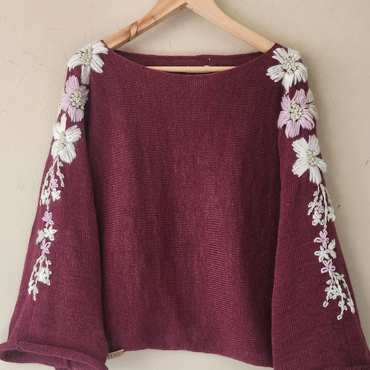 Flower Embroidered Sweater Poncho