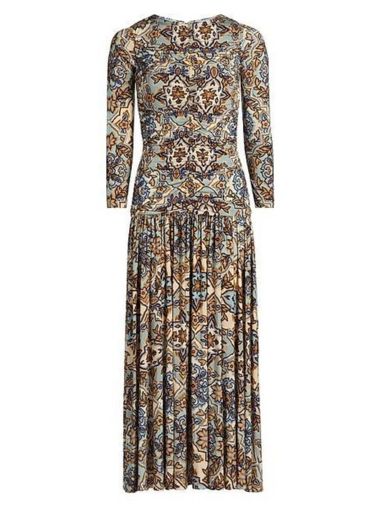 Blue Winter Tapestry Long Sleeve Maxi Dress