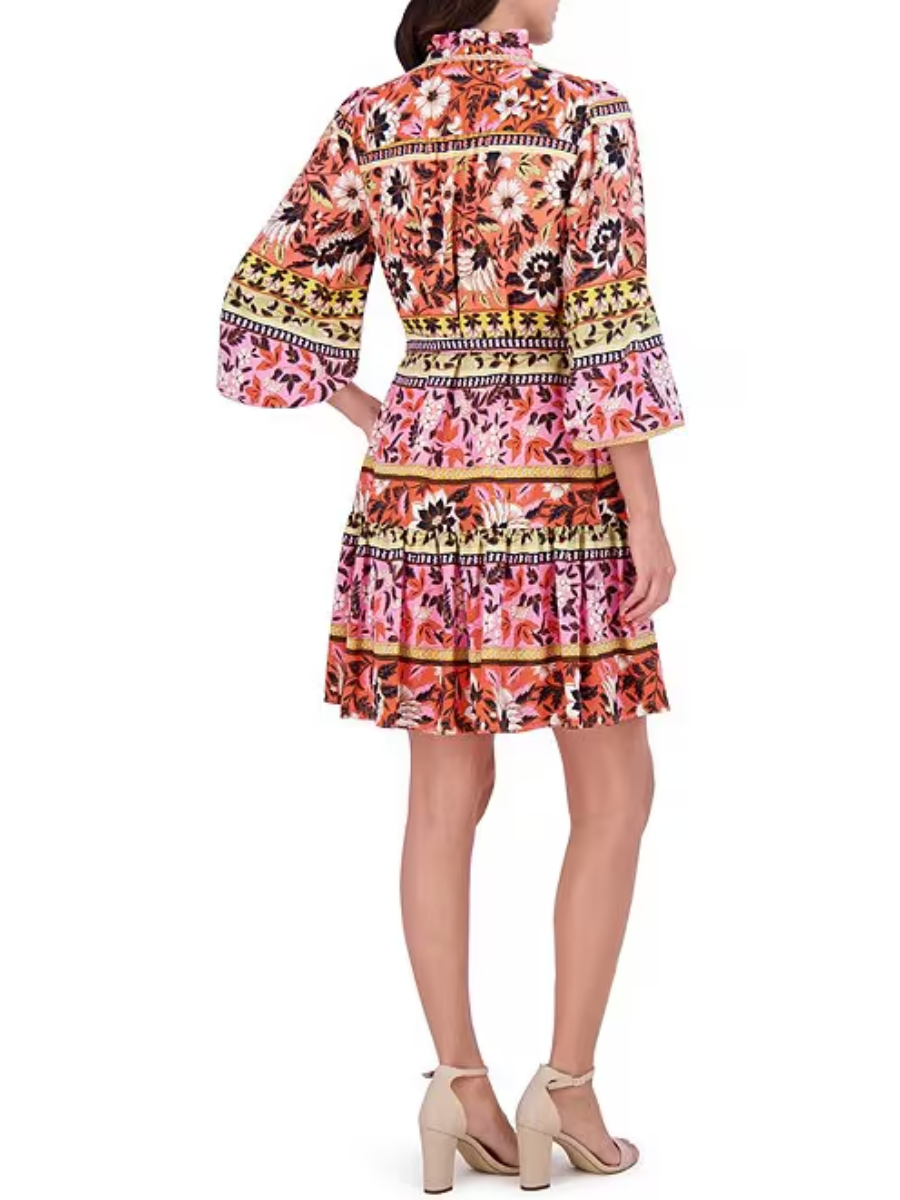 Woven Floral Print V-Neck Tie Long Sleeve Belted Tiered A-Line Dress