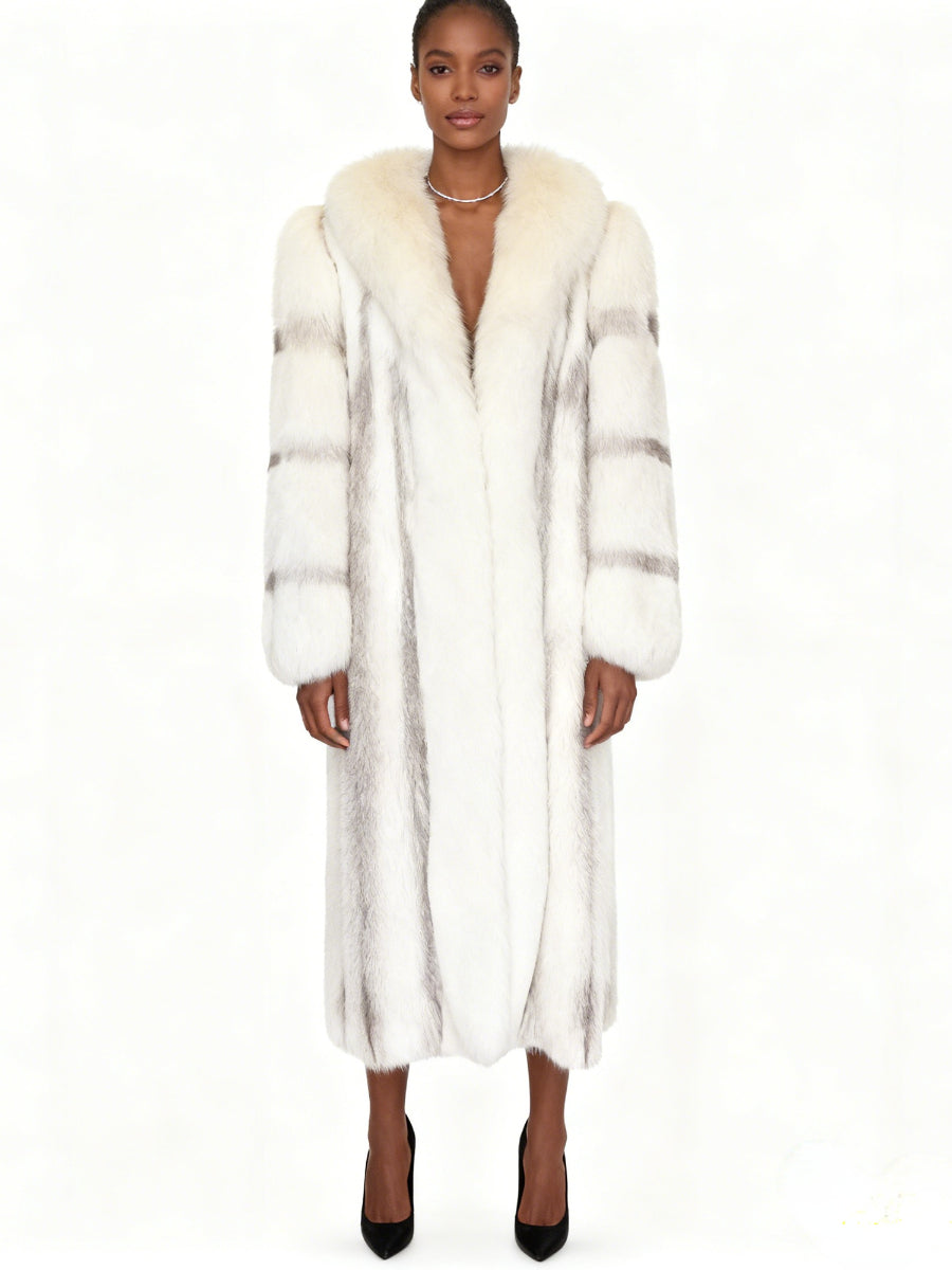 White & Silver Striped Long Fox Fur Coat | Free Shipping Worldwide