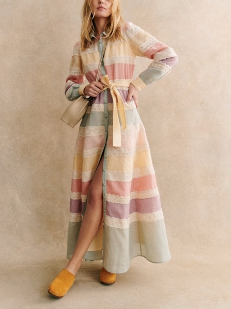 Pastel Stripe Lace Insert Belted Maxi Dress