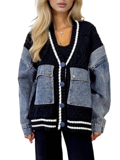 Knit Patchwork Denim Cardigan