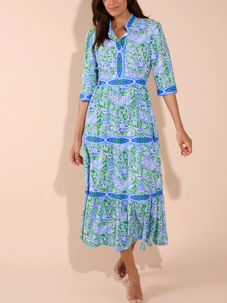 Boho Block Print Split Neck Dress