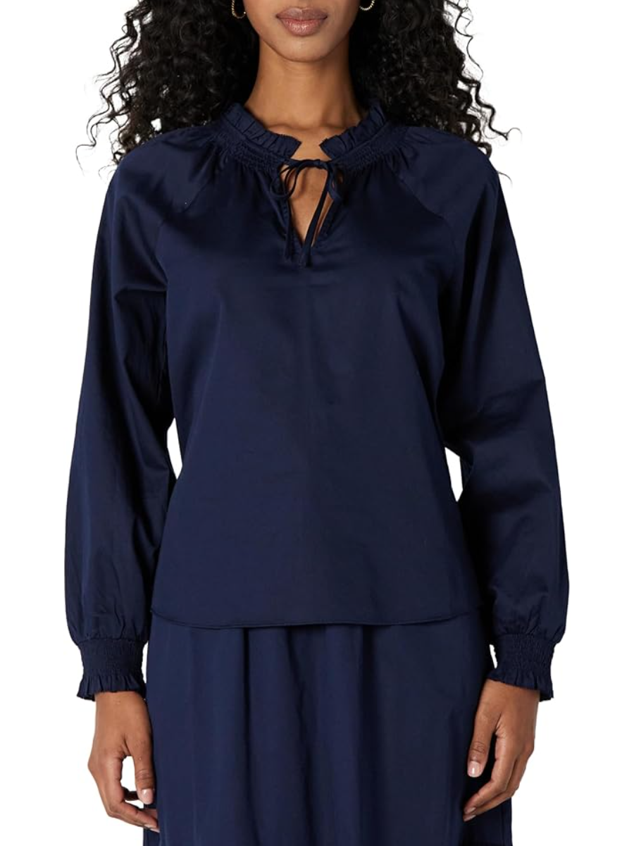 Women's Relaxed-Fit Ruffle-Neck Cotton Sateen Long-Sleeve Blouse
