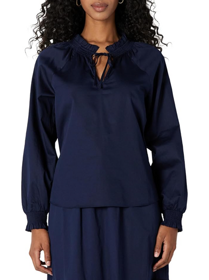 Women's Relaxed-Fit Ruffle-Neck Cotton Sateen Long-Sleeve Blouse