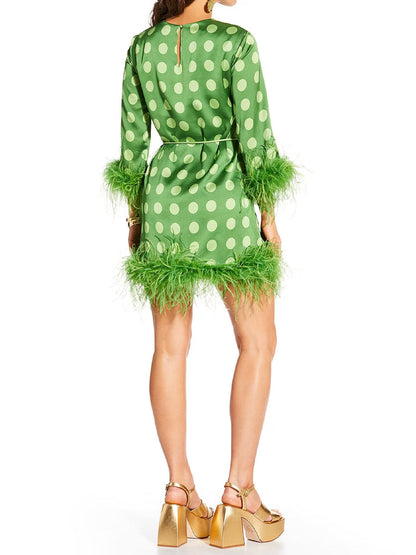 Printed Satin Polka Dot Feather Mini Dress
