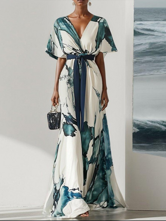 Trendy V-Neck Short Sleeve Maxi Dress